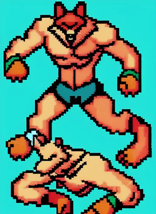 Image similar to extreme long shot. 8 bit nes graphics. antropomorphic muscular masculine wolf. kickboxer, in shorts. wolf head. furr on body.