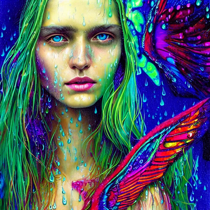 Image similar to bright psychedelic portrait with rain on face and wet hair, wings, smiling, diffuse lighting, fantasy, intricate, elegant, highly detailed, lifelike, photorealistic, digital painting, artstation, illustration, concept art, smooth, sharp focus, art by John Collier and Albert Aublet and Krenz Cushart and Artem Demura and Alphonse Mucha