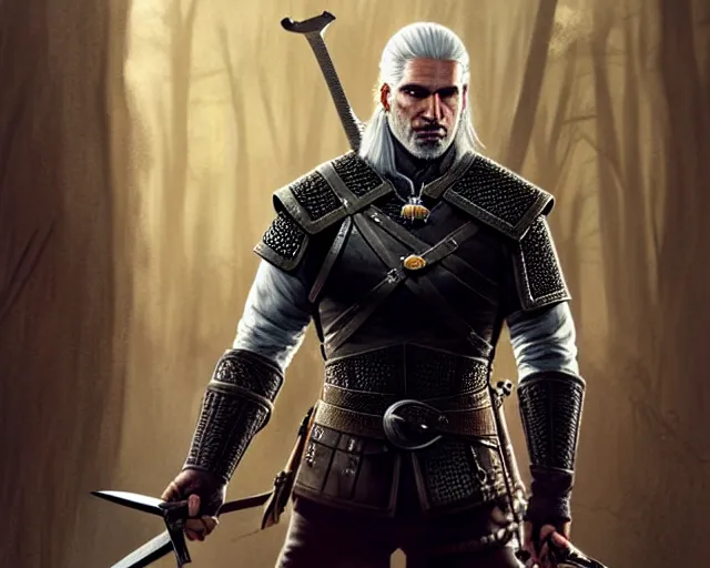 Image similar to 5 5 mm portrait photo of geralt of rivia holding a sword. magical atmosphere. art by greg rutkowski. highly detailed 8 k. intricate. lifelike. soft light. nikon d 8 5 0.