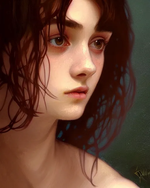 Image similar to portrait of a welsh teenage girl with brown hair, dark brown eyes, glowing skin, delicate features, quiet beauty, amelie poulain, fantasy, intricate, elegant, dress shirt, highly detailed, digital painting, artstation, concept art, smooth, sharp focus, illustration, art by Krenz Cushart and Artem Demura and alphonse mucha