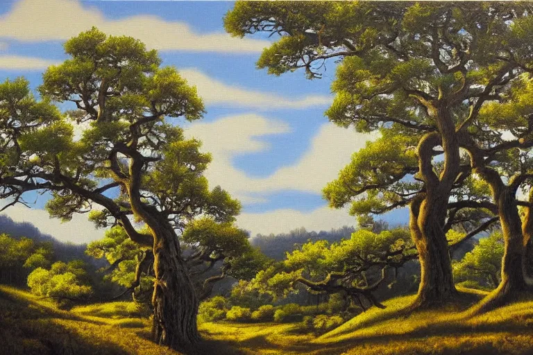 Image similar to masterpiece painting of oak trees on a hillside overlooking a creek, dramatic lighting, by hiro osono