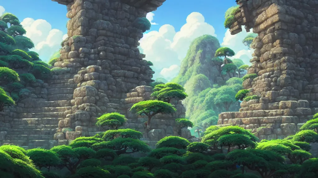 Image similar to ancient temple ruins, studio ghibli, pixar and disney animation, sharp, rendered in unreal engine 5, highly detailed, digital painting, artstation, concept art, smooth, sharp focus, illustration, wide angle, artbook, wallpaper, splash art, promo art, dramatic lighting, art by artgerm and greg rutkowski and bo chen and jin xiaodi