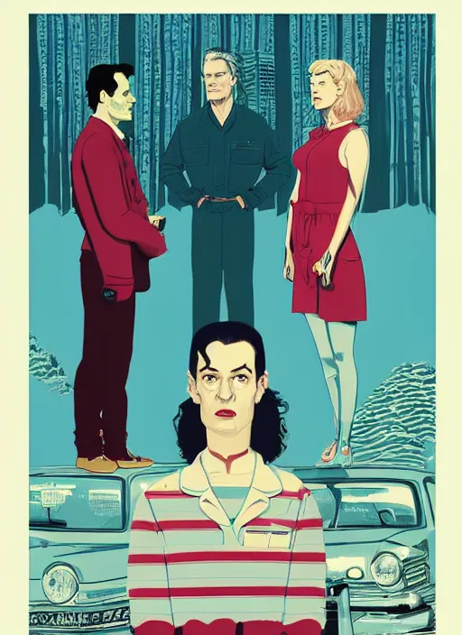 Image similar to Twin Peaks art, of Michael Shannon dressed as mechanic talking to Jennifer Connelly wearing light blue diner waitress dress, poster artwork by Tomer Hanuka and Kilian Eng, from scene from Twin Peaks, simple illustration, domestic, nostalgic, from scene from Twin Peaks, clean, New Yorker magazine cover