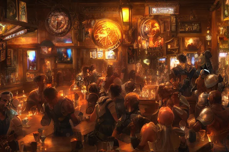 Prompt: warriors drinking in an irish pub, digital art, beautiful lighting, by Yoshitaka Amano, happy atmosphere, trending on artstation