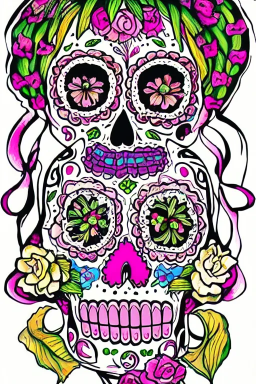 Image similar to illustration of a sugar skull day of the dead girl, art by ghibli studio