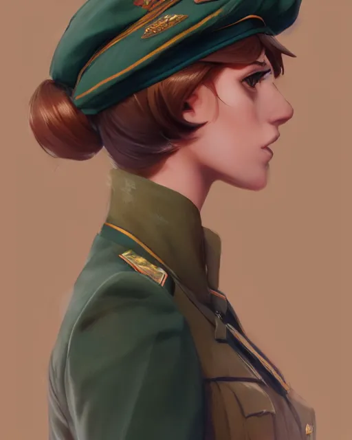 Prompt: portrait bust of young woman with shoulder length light brown hair and hazel eyes dressed in a sharp dark teal military uniform and beret, anime, ilya kuvshinov, greg rutkowski, guweiz, ross tran, loish, svetlana tigai, artgerm, artstation trending, concept art, digital painting