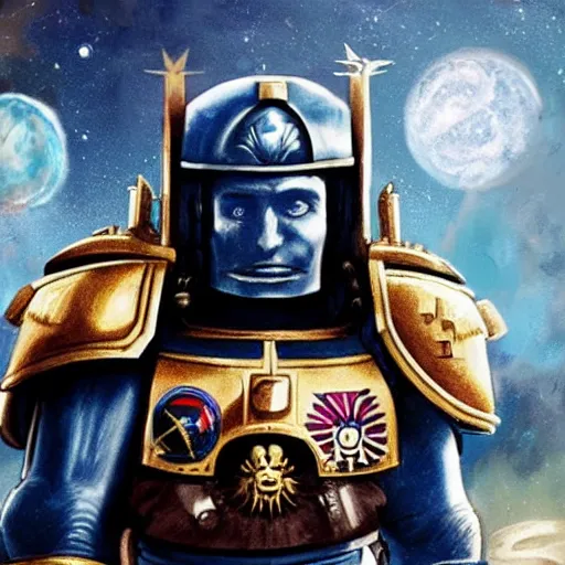 Prompt: Emmanuel Macron in space marine armor from Warhammer 40k, on a battlefield of the future, game workshop style, symmetrical face, multiple details, shimmering light