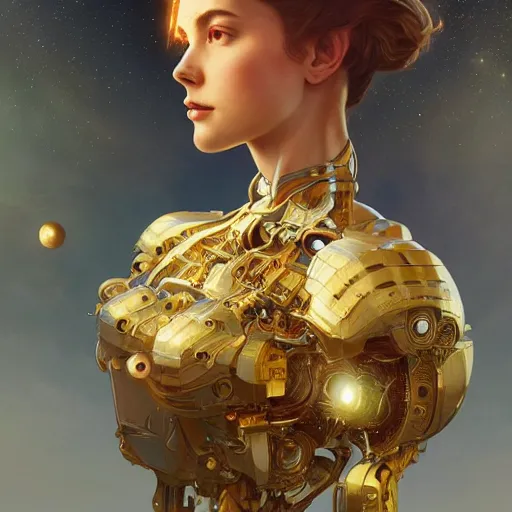 Image similar to an anthropomorphic artificial intelligence floating in universe, female, machine, intricate, highly detailed, digital painting, artstation, concept art, smooth, sharp focus, illustration, unreal engine 5, 8 k, art by artgerm and greg rutkowski and alphonse mucha