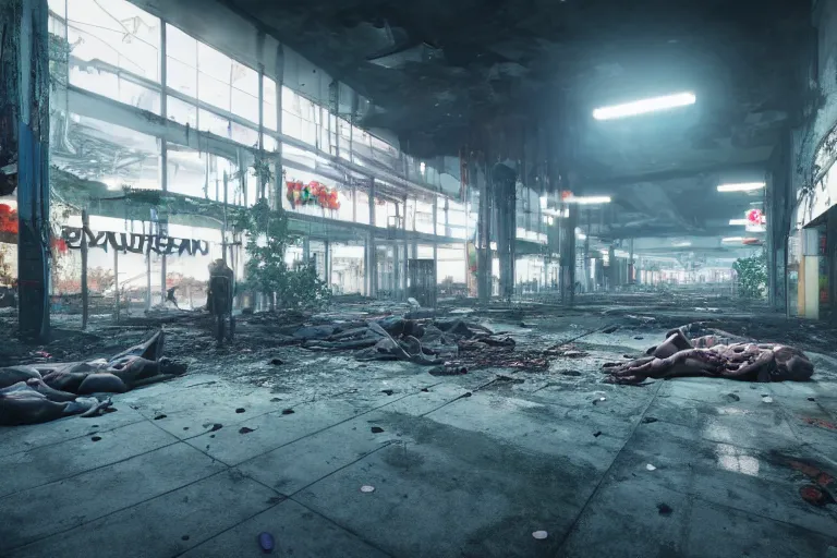 Image similar to low wide angle photo of a abandoned cyberpunk shopping mall with dead human bodies on the floor, a crew of high tech soliders are coming in, cinematic lightning, ray tracing, unreal engine, photorealistic, detailed, dark, moody, foggy, scary