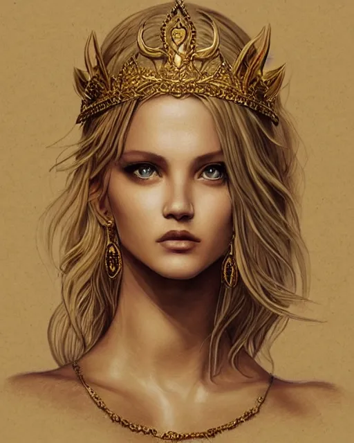 Image similar to tattoo sketch of blonde super model aphrodite greek goddess wearing a gold laurel wreath and triangle earrings, beautiful piercing gaze with sharp pupils, in the style of greg rutkowski, fantasy, amazing detail, epic, elegant, smooth, sharp focus, front view