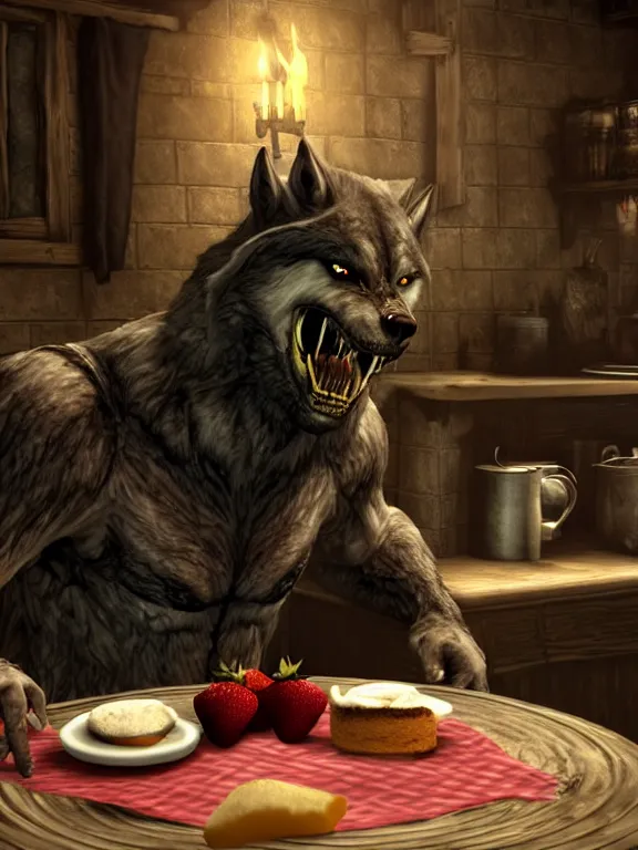 Image similar to cute handsome cuddly burly surly relaxed calm timid werewolf from van helsing sitting down at the breakfast table in the kitchen of a normal country home cooking having fun lighthearted whimsy baking strawberry tart cakes unreal engine hyperreallistic render 8k character concept art masterpiece screenshot from the video game the Elder Scrolls V: Skyrim