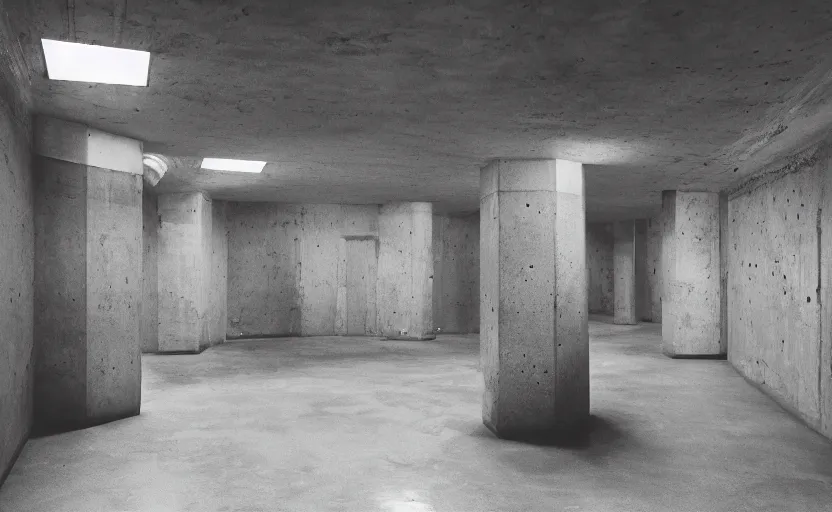 Prompt: Interior shot of a secret brutalist concrete bunker with glossy concrete floor by stanley kubrick, shot by 35mm film color photography