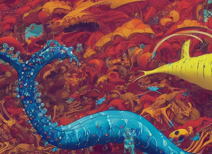 Prompt: candy kanagawa wave, pop whale skeleton, a big aquarium, polka dot, attack on titan by francis bacon, surreal, norman rockwell and james jean, greg hildebrandt, by greg rutkowski, exotic vegetation, tristan eaton, victo ngai, vibrant triadic color scheme, a still from the film alien, beksinski, hyper