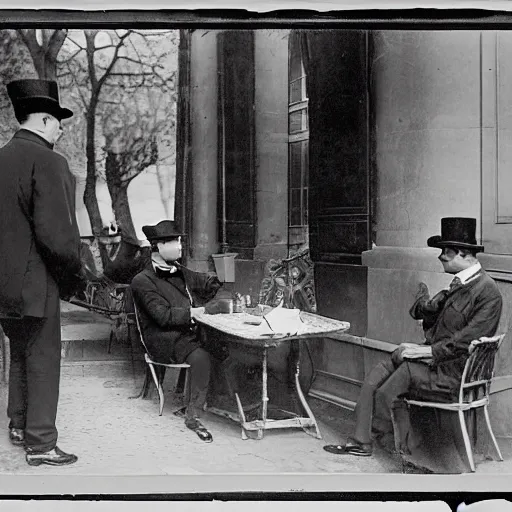 Image similar to paris at early 2 0 th century. two gentlemen with top hats are having a coffee around a table at river seine ´ s bank. the two gentlemen are watching a painter at the banks on river seine, where he is painting something on a canvas. the painter is ewan mcgregor