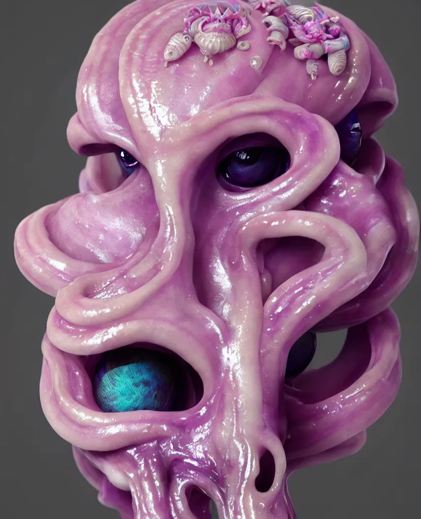 Image similar to goddess princess beautiful face close-up portrait ram skull plasticine sculpture. jellyfish phoenix head, nautilus, orchid, skull, betta fish, bioluminiscent creatures, intricate artwork by Tooth Wu and wlop and beeple. octane render, trending on artstation, greg rutkowski very coherent symmetrical artwork. cinematic, hyper realism, high detail, octane render, 8k