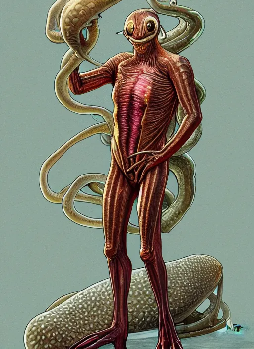 Image similar to full body picure of elon musk!!! as slimy mollusk, anthropomorphic character, drool, concept art, intricate, elegant, highly detailed, digital painting, artstation, wallpaper, smooth, sharp focus, illustration, art by giger and artgerm and greg rutkowski and alphonse mucha