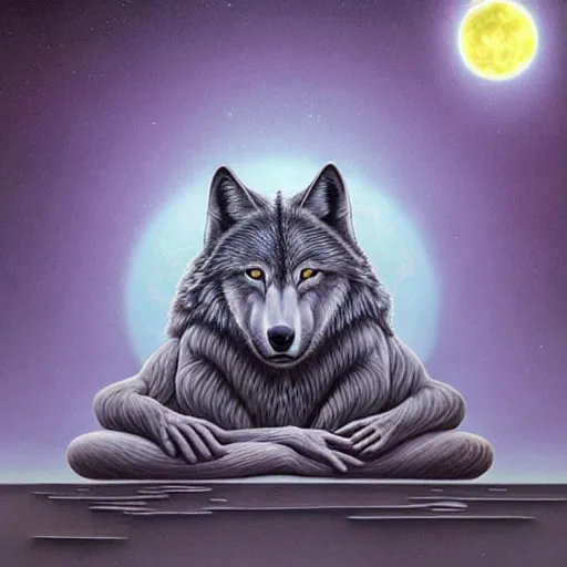 Prompt: an anthromorphic wolf meditating in a zen garden with a waterfall under the blood moon, by Adi granov and afarin sajedi and amanda sage and evgeni gordiets and Agostino Arrivabene and lisa frank in a psychedelic portrait style, ultrarealistic matte painting, volumetric lighting, fractal, extremely symmetrical, highly detailed face, orisha, 8k, hd