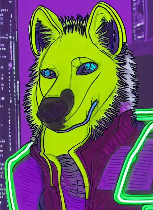 Image similar to digital drawing of anthromorphic hyena female drawn in cell shaded, fursona, furry fandom, neon rainy cyberpunk setting, anthro, wearing cyberpunk 2 0 7 7 jacket, detailed face,