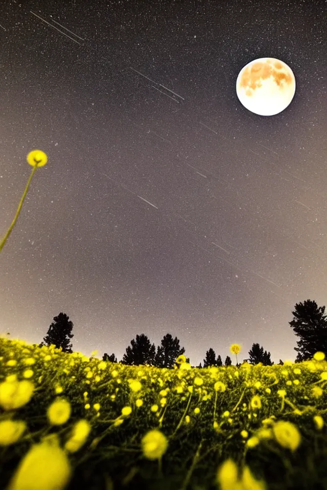 Prompt: low angle, shot from below. two very large moons in night sky. milky way in the night sky. 3 0 second shot. meteor shower. field of big frozen yellow flowers. f 1. 8 lens, lens flare, bokeh. high detail