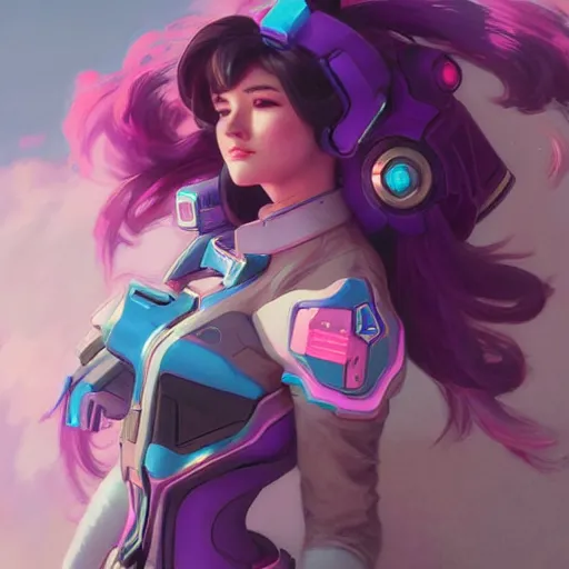 Image similar to d. va from overwatch, vaporwave, highly detailed, digital painting, artstation, concept art, smooth, sharp focus, illustration, art by artgerm and greg rutkowski and alphonse mucha