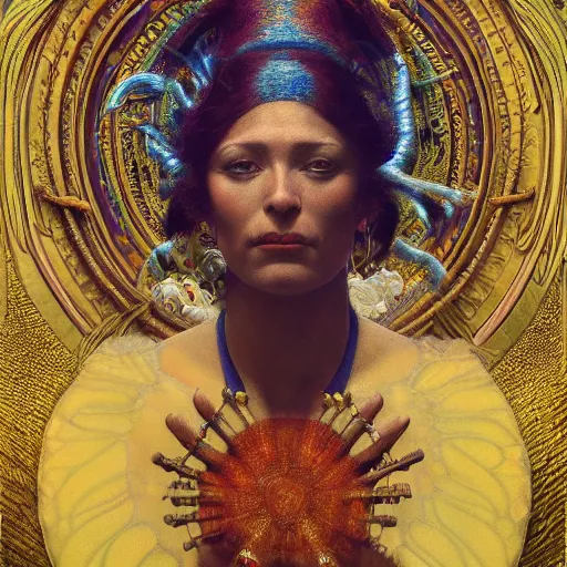 Image similar to baroque portrait of an art deco shaman, reflective detailed textures, highly detailed fantasy science fiction painting by annie swynnerton and jean delville and moebius, norman rockwell and frank frazetta. rich colors, high contrast. artstation