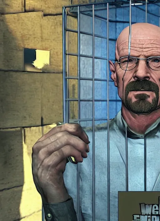 Prompt: walter white in a prison cell on game poster of gta 5