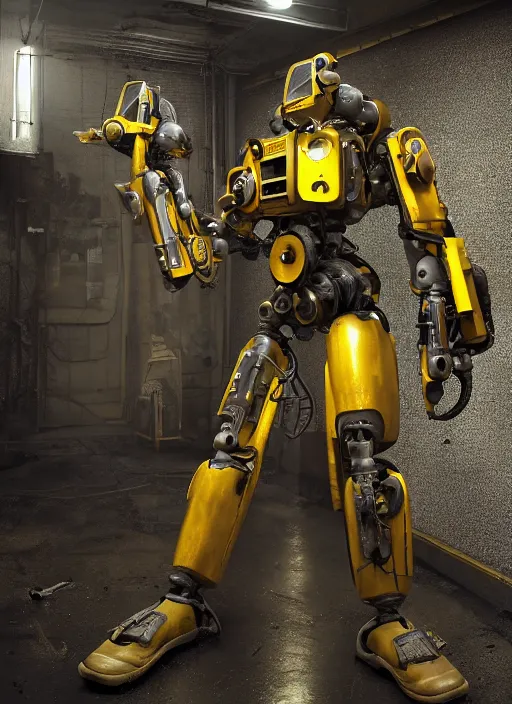 Image similar to a photorealistic dramatic hyperrealistic render of a futuristic exosuit power loader heavy machinery, ultra realistic details, glossy yellow, well worn, rust, oil stains by vitaly bulgarov and mike nash, beautiful dramatic dark moody tones and lighting, cinematic atmosphere, studio lighting, global illumination, shadows, dark background, octane render, 8 k