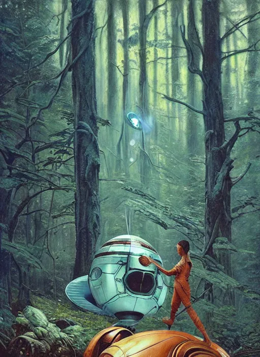 Image similar to hyper realistic spaceship in the woods by a river gorgeous lighting, lush forest foliage blue sky a hyper realistic painting by chiara bautista and beksinski and norman rockwell and greg rutkowski, weta studio, and lucasfilm