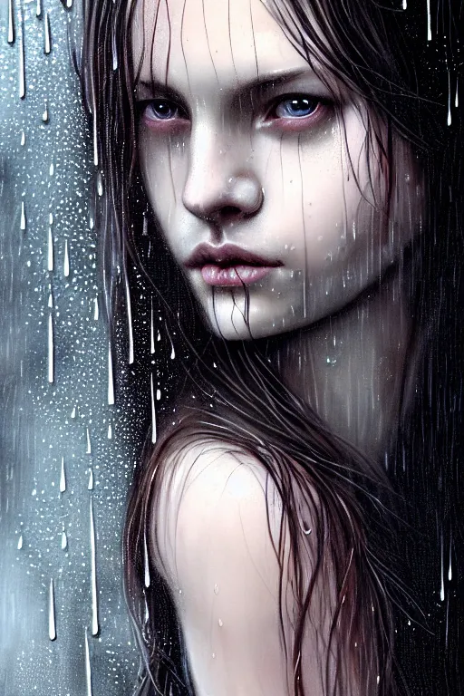 Prompt: portrait of a girl upside down in the rain with wet hair and face, fantasy, intricate, elegant, dramatic lighting, emotionally evoking symbolic metaphor, highly detailed, lifelike, photorealistic, digital painting, artstation, concept art, smooth, sharp focus, illustration, art by John Collier and Albert Aublet and Krenz Cushart and Artem Demura and Alphonse Mucha