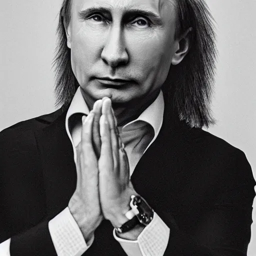 Image similar to hyperrealistic portrait of vladimir putin with a mullet haircut, canon eos r 3, f / 1. 4, iso 2 0 0, 1 / 1 6 0 s, 8 k, raw, unedited, symmetrical balance, in - frame