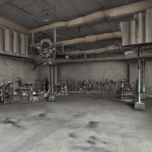 Prompt: “creepy animatronics in a disused warehouse, 3D render”