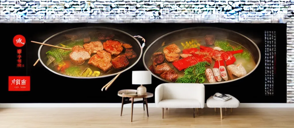 Image similar to a beautiful simple 4 k hd wall paper illustration of roasted string hotpot, wallpaper design, simple style, gourmet style, marketing kebab hotpot wallpaper display, wall painting, from china, with merchant logo, simple structure, surrealistic, chinese style, victo ngai, james jean, denoise, deblurring