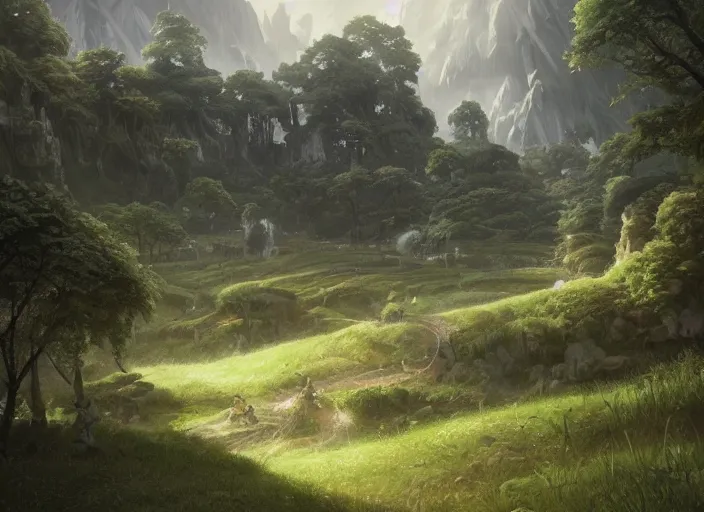 Image similar to Lush farmland outside a beautiful elven city made of white marble, anime, lush trees, a fantasy digital painting by Greg Rutkowski and James Gurney, trending on Artstation, highly detailed