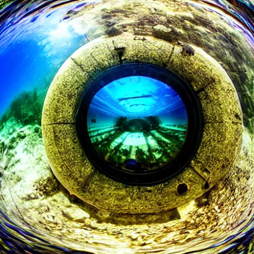 Prompt: fisheye underwater footage of a city street photography