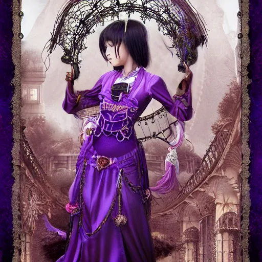 Image similar to photorealistic soft paint of absurdities and curiosities, single very beautiful asian princess full long dress, ultra deep fog, purple black lustrous thin haircut, partial symmetry accurate features, focus, very intricate ultrafine details, award winning masterpiece, steampunk world, rudolf freund