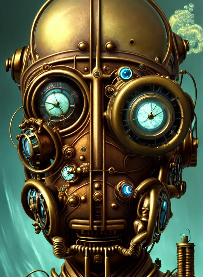 Image similar to symmetry!! close face portrait of a steampunk robot from bioshock, vintage, bronze metal!! underwater atmosphere, intricate, serene, highly detailed, digital painting, artstation, symmetric concept art, smooth, sharp focus, illustration, art by artgerm and greg rutkowski and alphonse mucha, 8 k