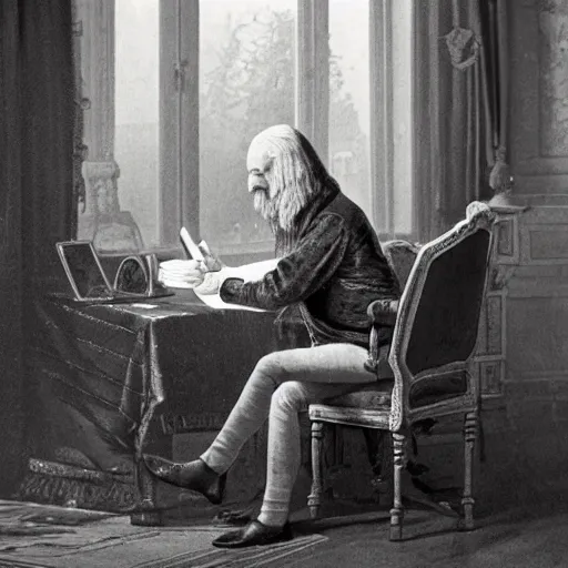 Image similar to An extremely detailed render of a 200 years old man with very old clothes, sitting at his Louis XIV desk, with very old curtains in the room, very old room. The very very very old man has a 1880 phone on his desk. Dust in the air, god rays, raytracing shadows, ambient occlusion, 8K, RTX 3090, trending on artstation, lumens