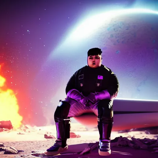 Image similar to photo of an overweight depressed teenager with emo haircut wearing gothy purple and black spandex suit, sitting next to smashed burning spacecraft wreckage, on the orange surface of mars, Trending on artstation, octane render, cinematic lighting, hyper realism, photorealistic, octane render, 8k, depth of field, 3D