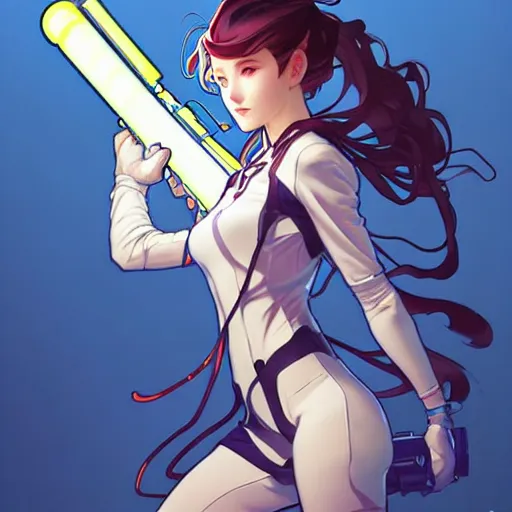 Image similar to a full body character design by artgerm, cushart krenz, ross tran, alphonse mucha. cute mad scientist girl!! shoulder mounted canon gun bazooka!! futuristic lab coat!! bold outline sharp edges. ultra clear detailed. 8 k. elegant, neon colors, dynamic angle, intricate complexity, epic composition, action pose, cinematic lighting masterpiece