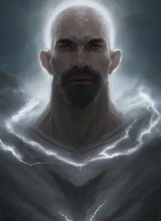 Prompt: Half-body portrait of a pale wise man who created the universe, wolf god. In style of Hyung-tae Kim and Greg Rutkowski, concept art, trending on ArtStation, over-detailed art, 8K, epic, dynamic lightning, dramatic pose.