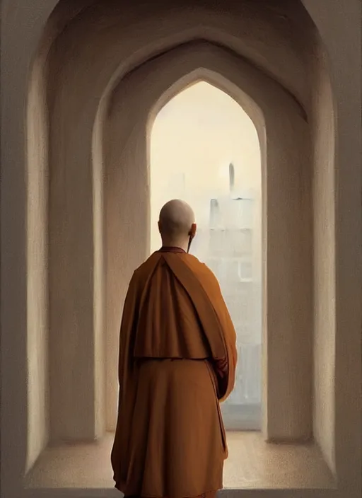 Image similar to symmetry!! oil painting of a tonsured dominican monk in a brown habit, looking out of a monastery window contemplatively, a majestic cathedral in the hazy background, digital art, artstation, cinematic, golden hour, cozy atmosphere, cinematic lighting, digital art painting by greg rutkowski