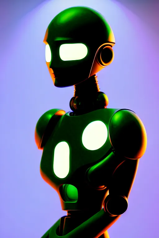 Image similar to beautiful robot character design, full body, whole body, one face, dystopian, glowing led lights, skin details, digital painting, comic book drawin, sculpted in zbrush, artstation, concept art, smooth, sharp, chiaroscuro, soft lighting, rule of thirds, fibonacci, art by mike mignola and david rubin