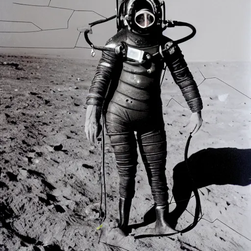 Prompt: detailed photo of a diver wearing an early diving suit on the moon. the diver is holding an electric guitar. old diving suit. old diving suit photos. detailed. colorized