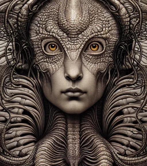 Image similar to detailed realistic beautiful dinosaur goddess face portrait by jean delville, gustave dore, iris van herpen and marco mazzoni, art forms of nature by ernst haeckel, art nouveau, symbolist, visionary, gothic, neo - gothic, pre - raphaelite, fractal lace, intricate alien botanicals, ai biodiversity, surreality, hyperdetailed ultrasharp octane render