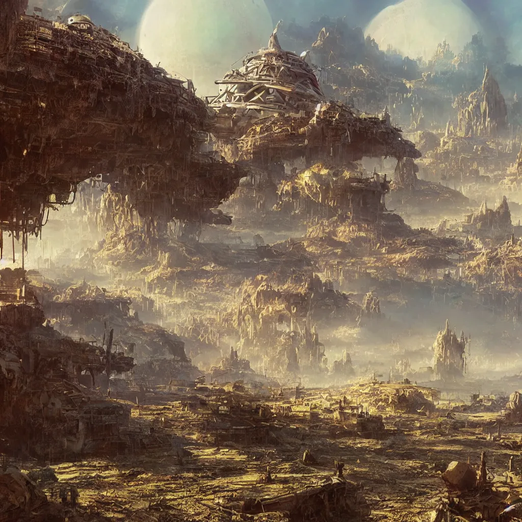 Prompt: utopia environment within a clear dome on a post apocalyptic wasteland planet, cinematic, epic, 4 k, concept art by bruce pennington