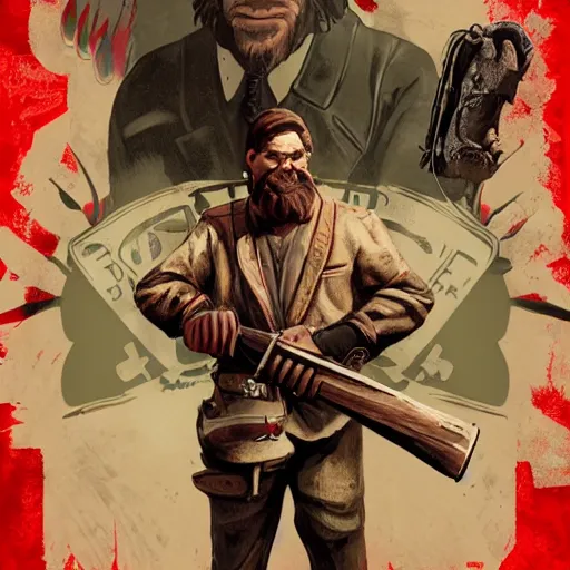 Image similar to ! detailed photorealistic pictures of saint neanderthalensis poster proganda about revolution, he holding red flags, with revolution logo, in the style of bioshock infinite art style and gta chinatown wars art style.