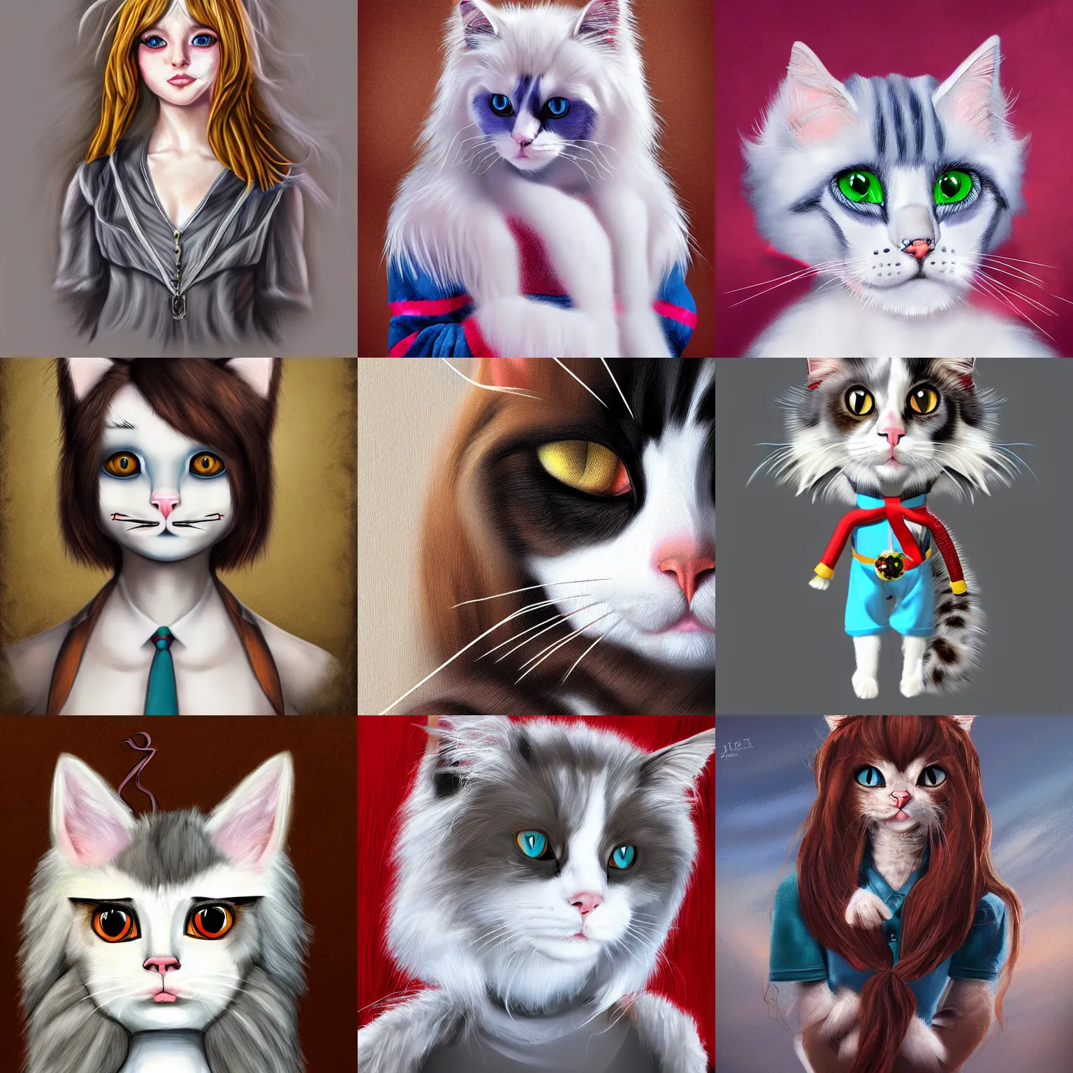 Prompt: graphic, hyperreal, portraiture illustration of a anthropomorphic ragdoll cat in different cosplay clothes, digital painting