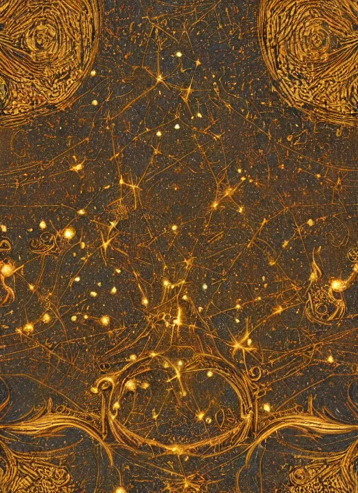 Image similar to an art painting about constellation, leo, high texture frosted background, fine pattern, rococo style, medieval style, by james jean and jung park, vertical line composition, center composition, parchment, cool, solemn, solemn, deep color, high precision, 4 k, wallpaper