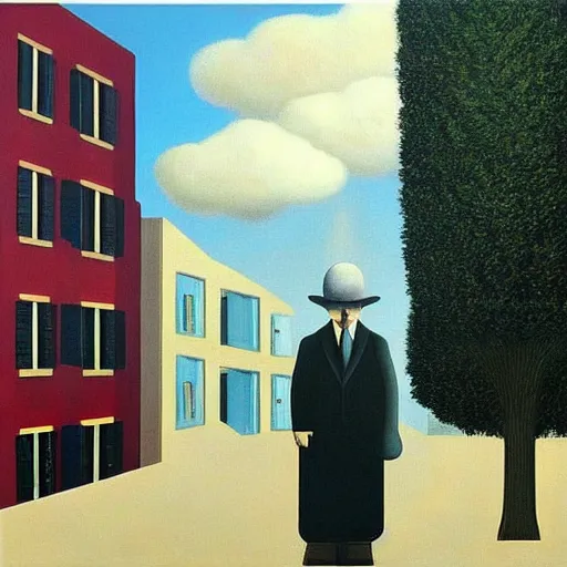 Prompt: “ painting by magritte and jeffrey smart and de chirico, featuring stairs, and man in hat ”