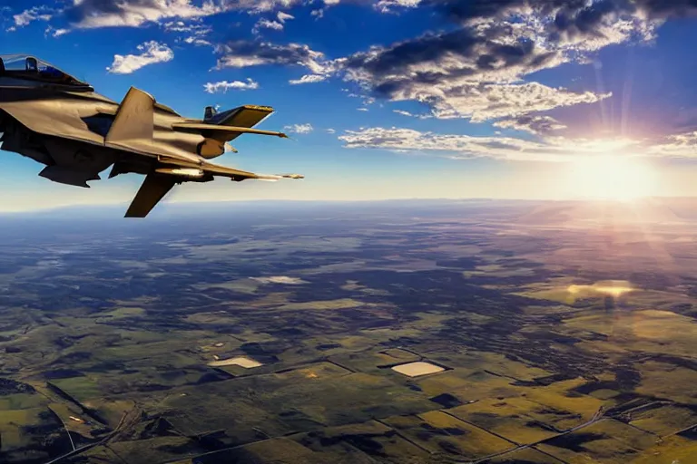 Prompt: an x 1 5 fighter jet with golden facetted windows, hd aerial photography, high altitude, clouds and fields in background, lens flare